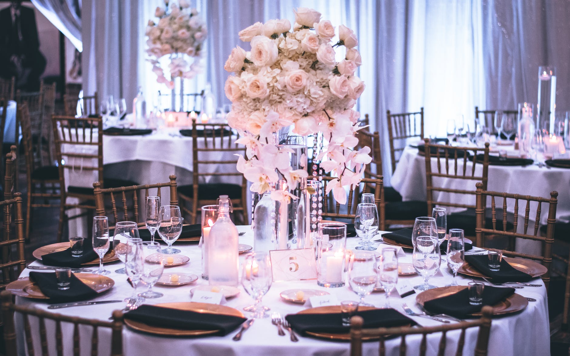 pink and white roses centerpiece on top of table postponed wedding 