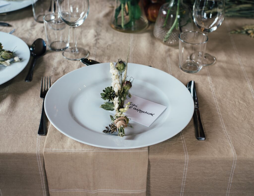 White plate with flower decorations and name place card