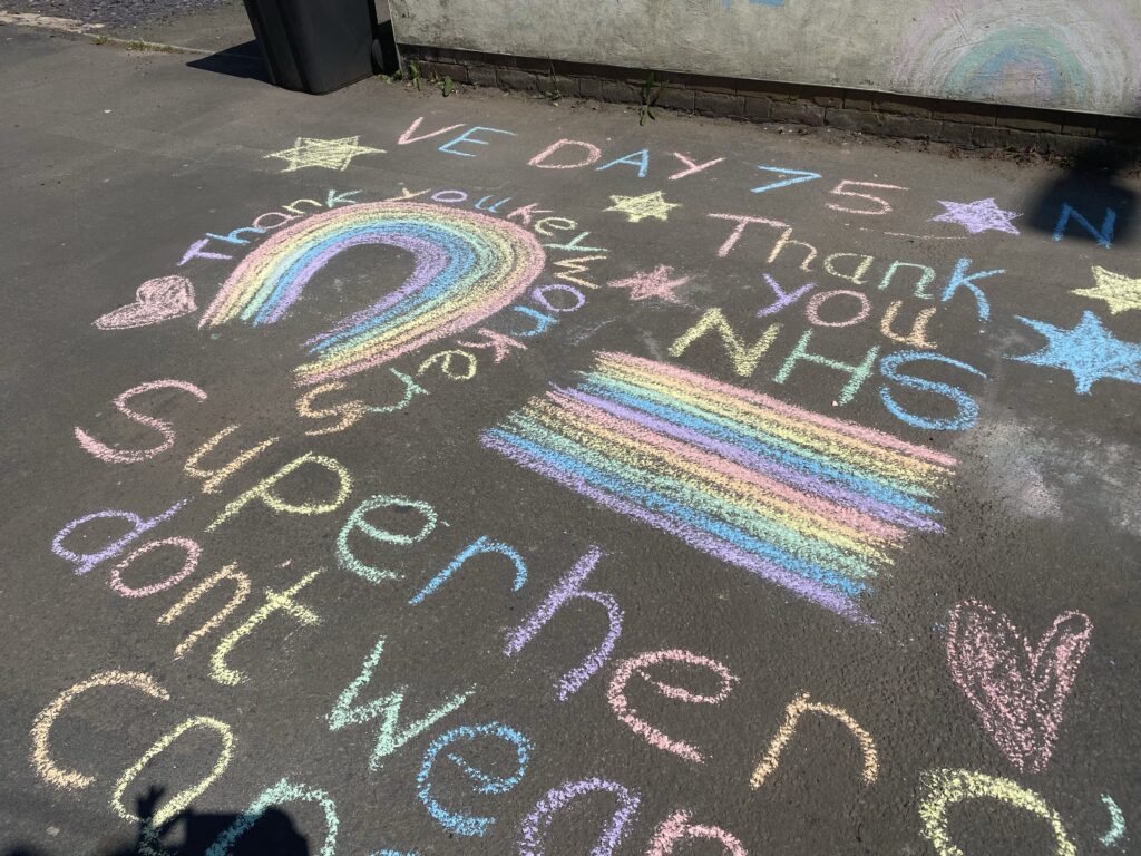 Rainbow chalk drawings on concrete 