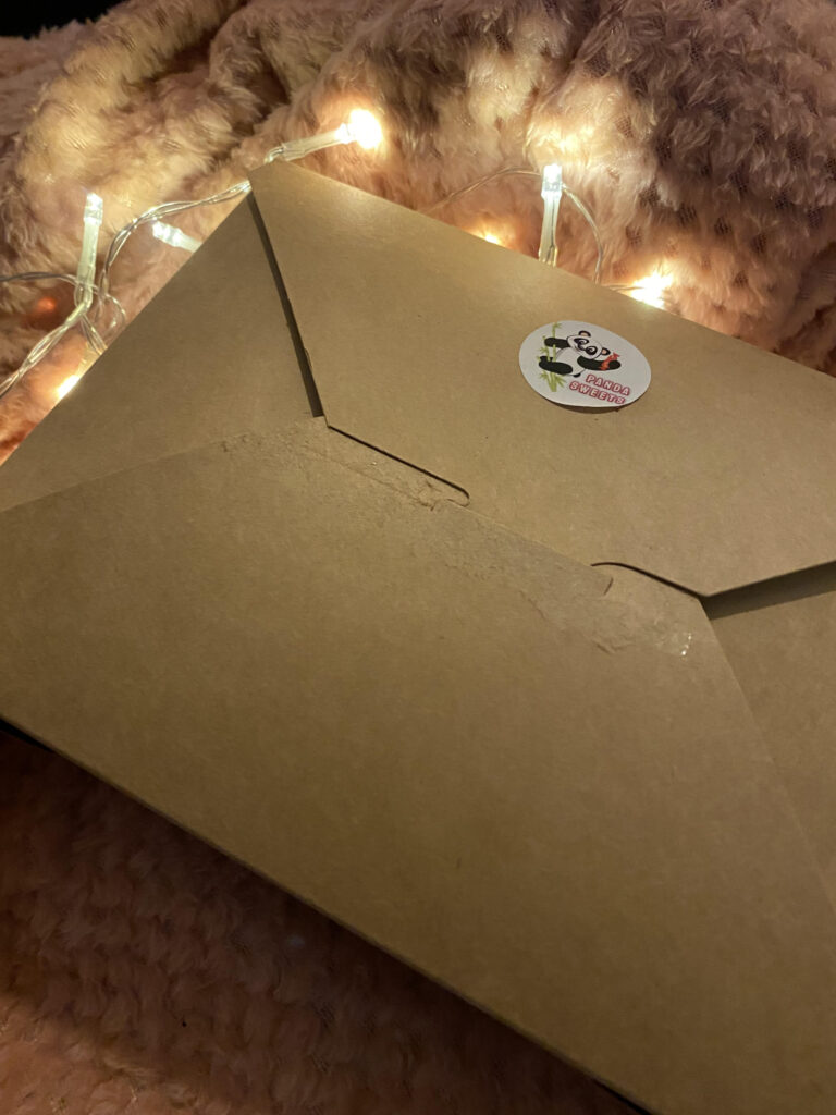 Brown cardboard box on a pink blanket with fairy lights